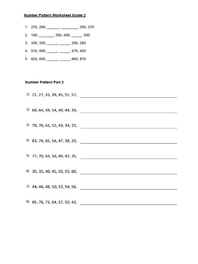 Number Pattern Worksheet Grade 2 | PDF