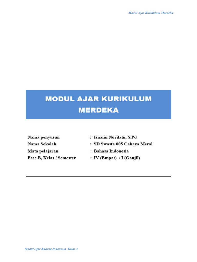 Modul Ajar Bahasa Indonesia Kelas 4 | PDF | Seni & Disiplin Bahasa ...
