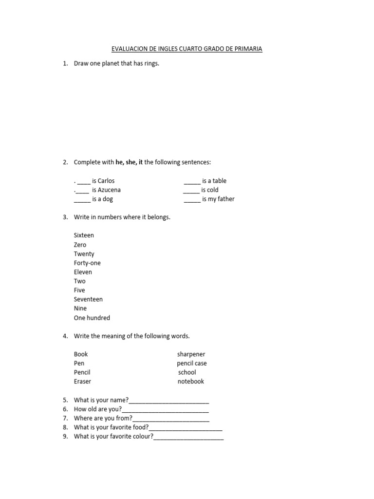 EVALUACION DE INGLES CUARTO GRADO DE PRIMARIA | PDF