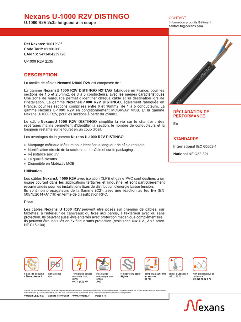 Câble Nexans U-1000 R2V 2x35 mm² | PDF | Résistance (électricité ...