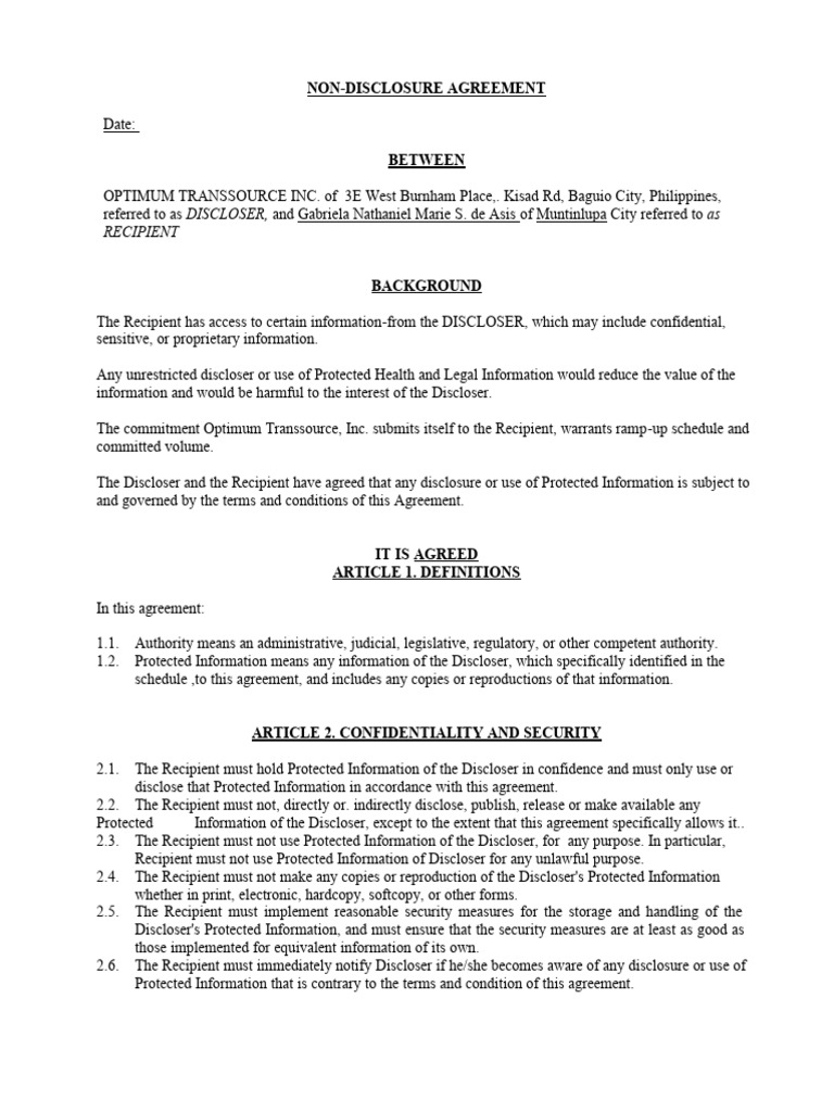 OJT Non Disclosure Agreement | PDF | Non Disclosure Agreement ...