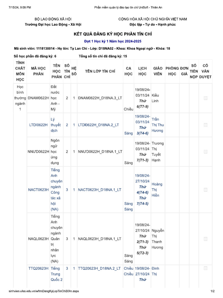 Dang Ky Tin Chi | PDF
