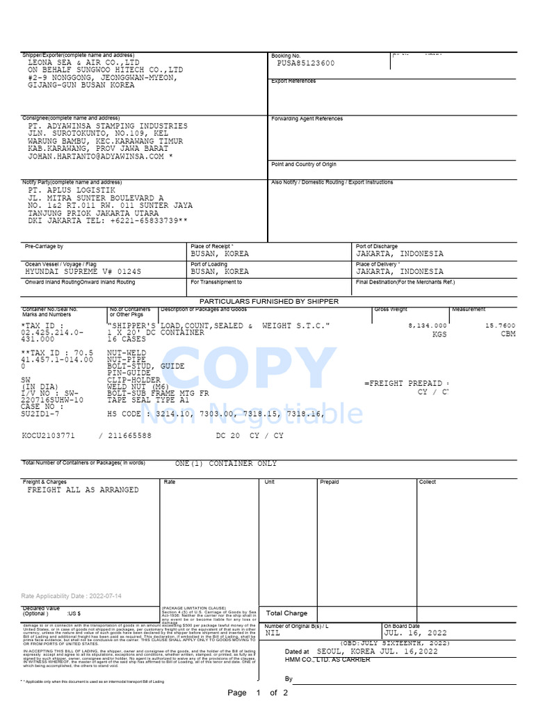 SWB Hdmupusa85123600 | PDF | Bill Of Lading | Cargo
