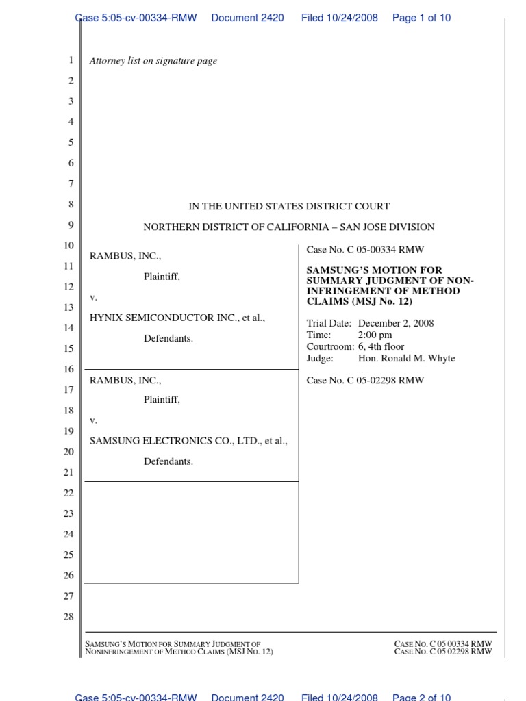 Attorney List On Signature Page Samsung'S Motion For Summary Judgment
