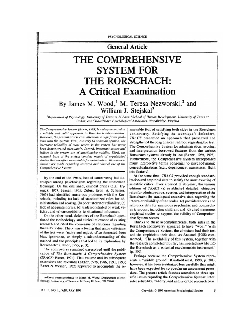 Critical Review of Rorschach's Comprehensive System | PDF | Diagnostic ...