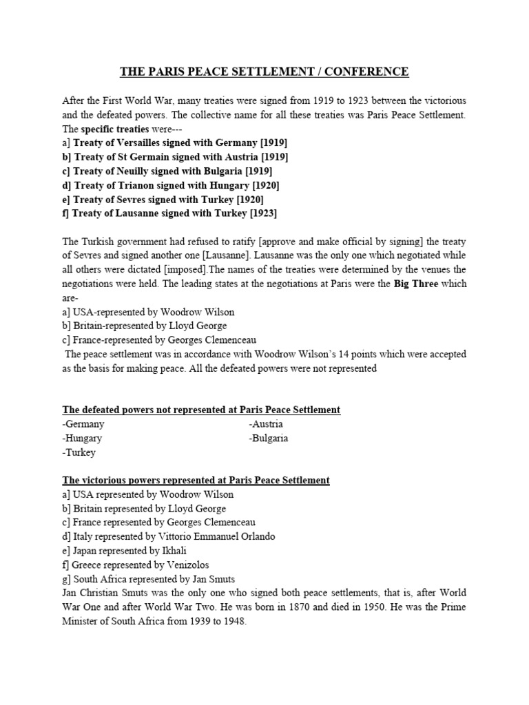 Overview of the Paris Peace Settlement | PDF | Treaty Of Versailles ...