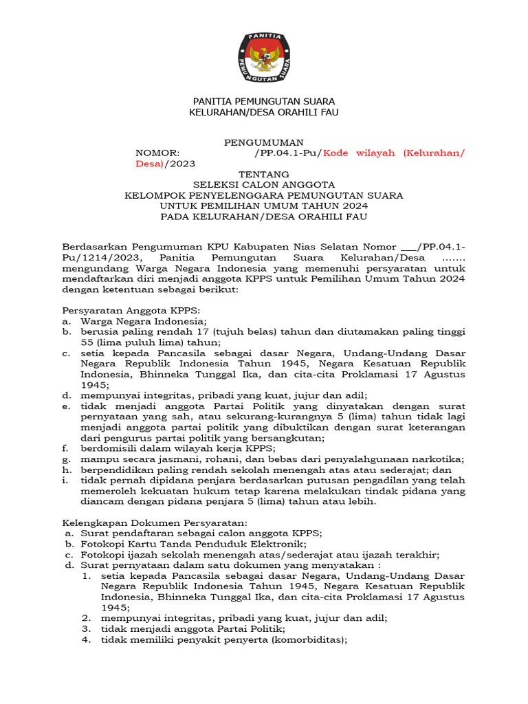 2 Pengumuman Pps Pendaftaran Kpps v1 | PDF | Politik | Ilmu Sosial