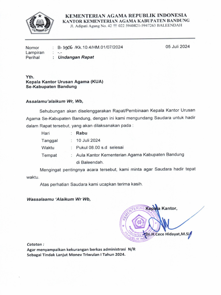 3906 - 05 Juli '24 - Undangan Rapat Pembinaan Kepala KUA+CAP | PDF