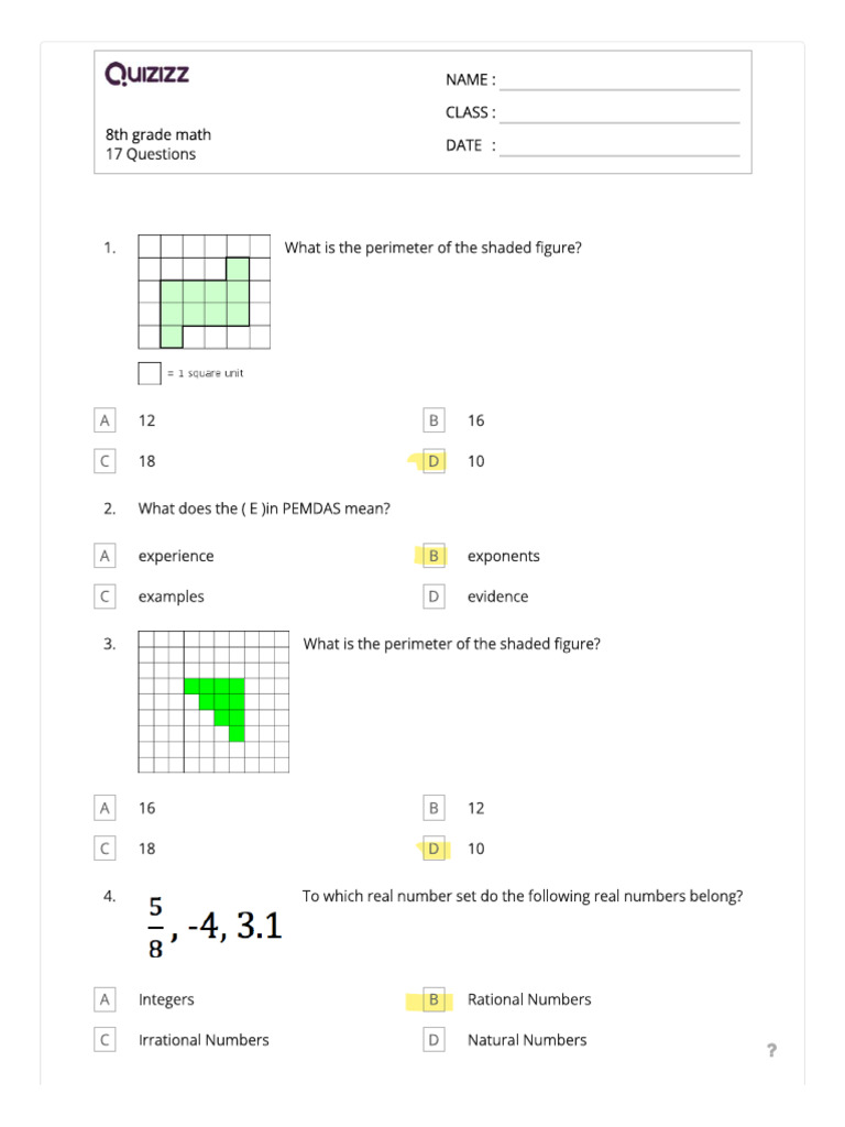 8th Grade Math - Quiz | PDF