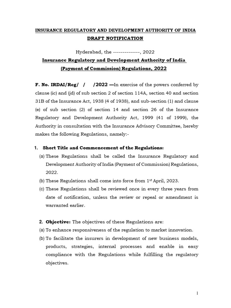 IRDAI (Payment of Commission) Regulations 2022 - Exposure - Draft | PDF ...