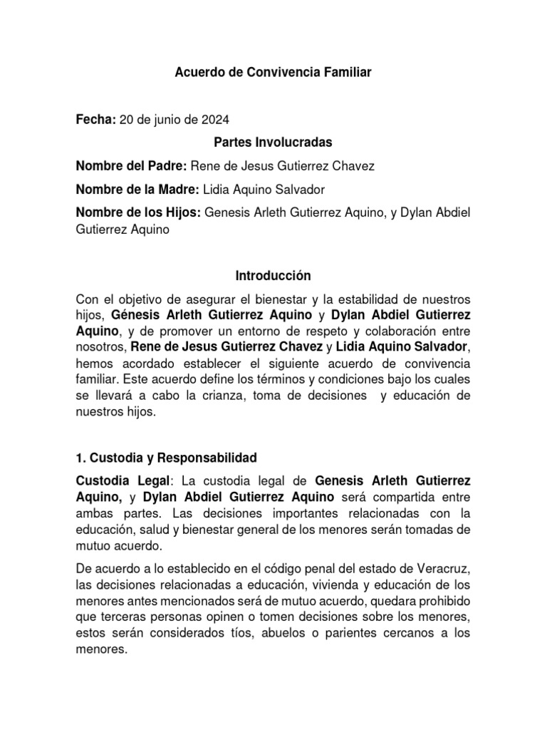 Acuerdo De Convivencia Familiar 21 Pdf Mediación