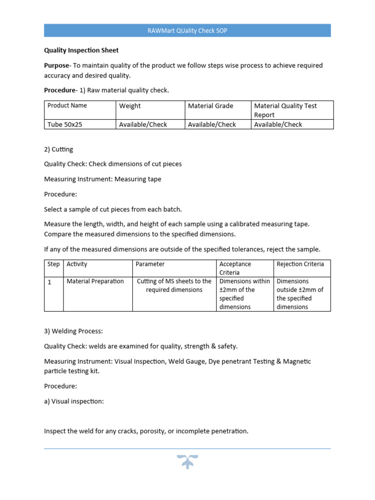 Quality Inspection Sheet SOP | PDF | Sheet Metal | Welding