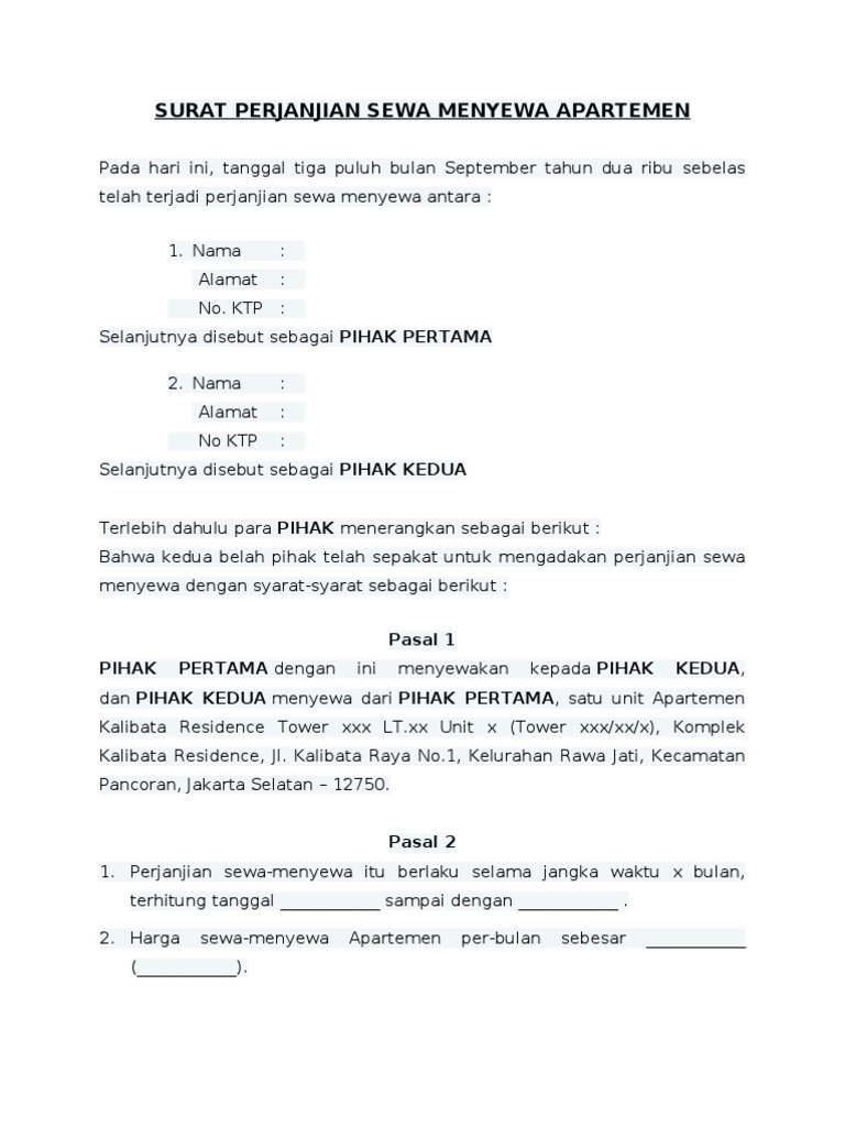 Draft Surat Perjanjian Sewa