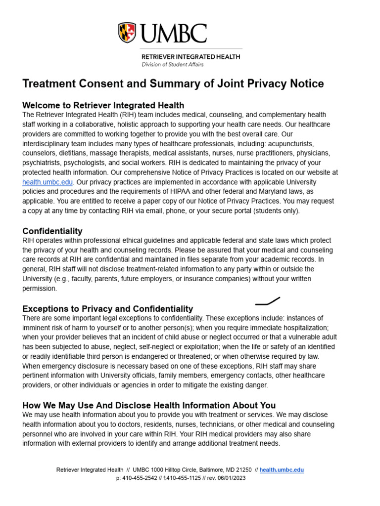 RIH Consent To Treat and Summary Notice of Joint Privacy Practices ...