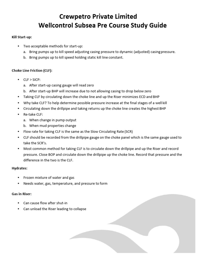 Crewpetro Wellcontrol Pre Course Study Guide - Subsea | PDF | Gases ...