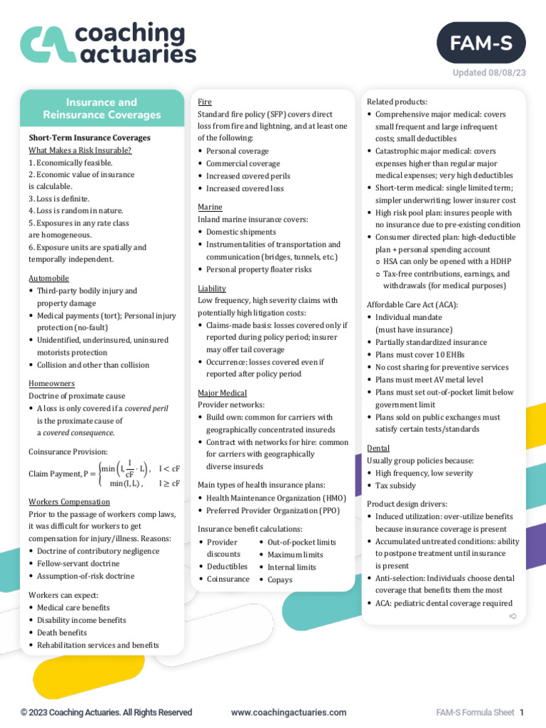 FAM-S Insurance Formula Sheet | PDF | Insurance | Reinsurance