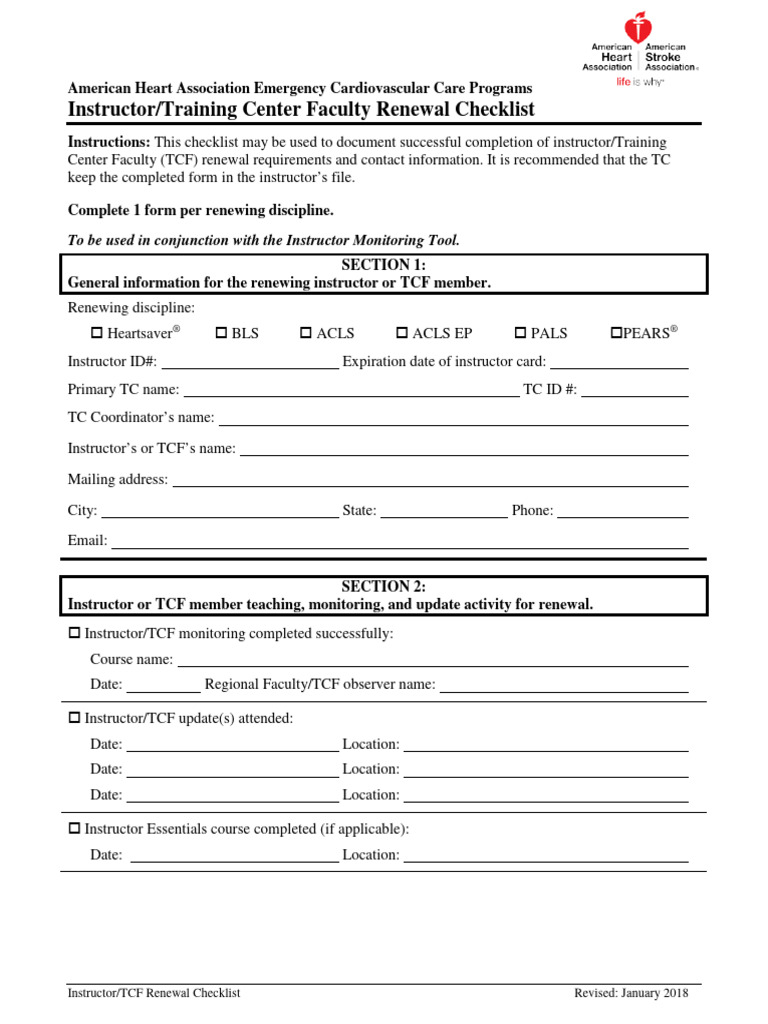 AHA Instructor and TCF Renewal Checklist 2018 | PDF