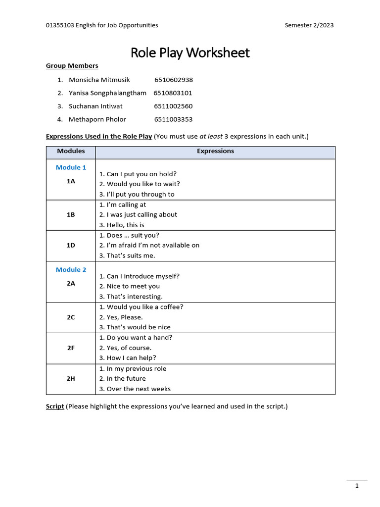 103 Role Play Worksheet - 2.2023 | PDF