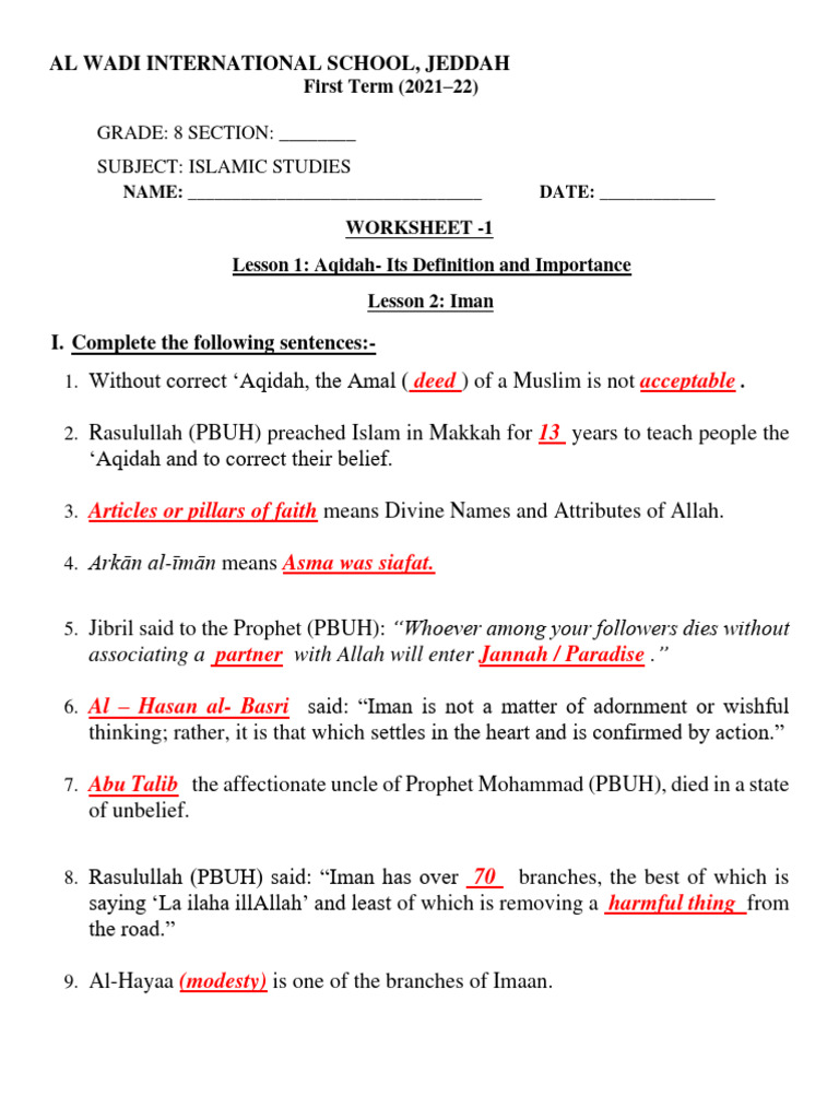 Aqidah Worksheet for Grade 8 Students | PDF | Prophets And Messengers ...