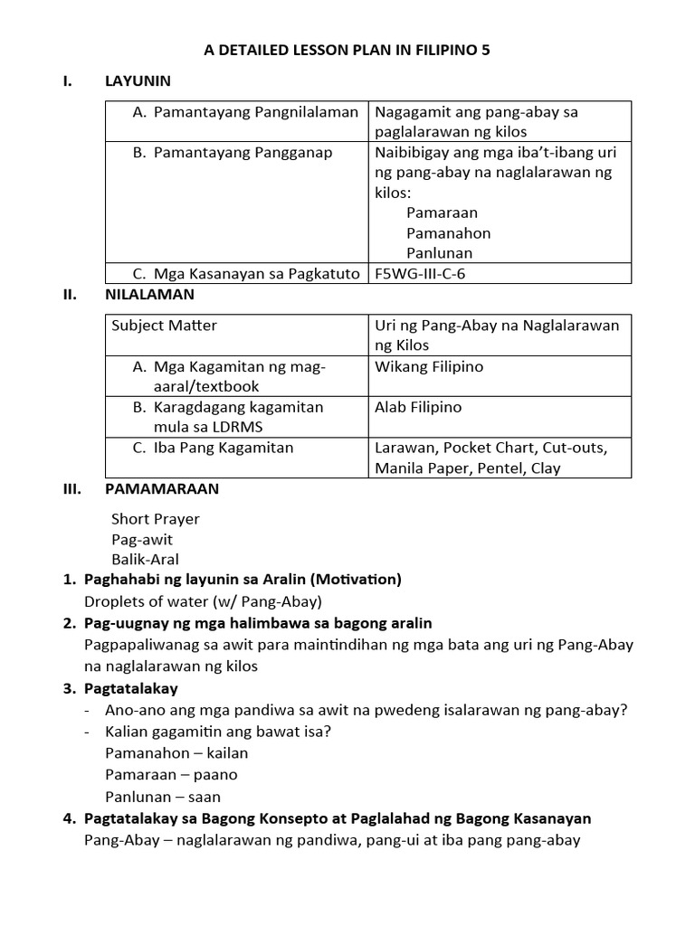 A Detailed Lesson Plan in Filipino 5 | PDF