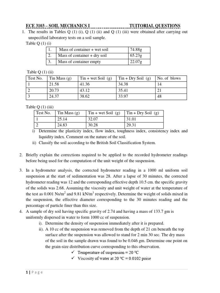 ECE 3103 Soil Mechanics Tutorial Questions | PDF | Soil Mechanics | Density