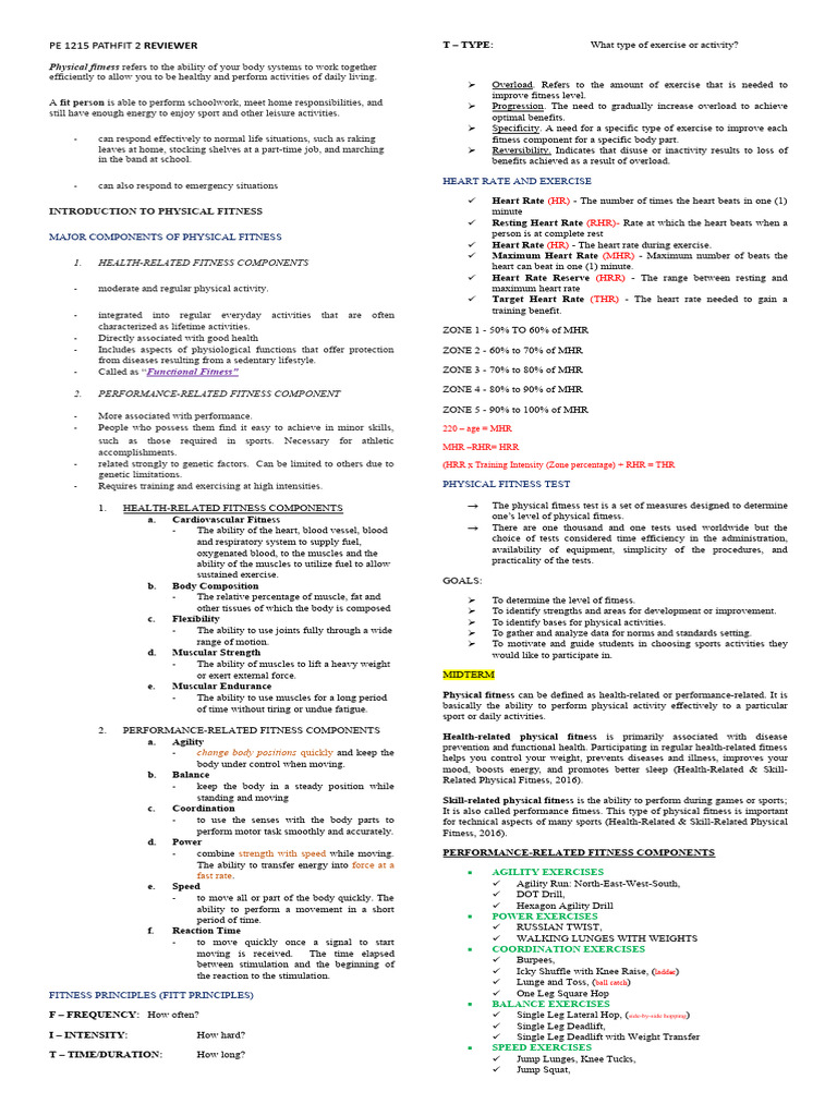 Pe 1215 Pathfit 2 Reviewer | PDF | Physical Fitness | Endurance