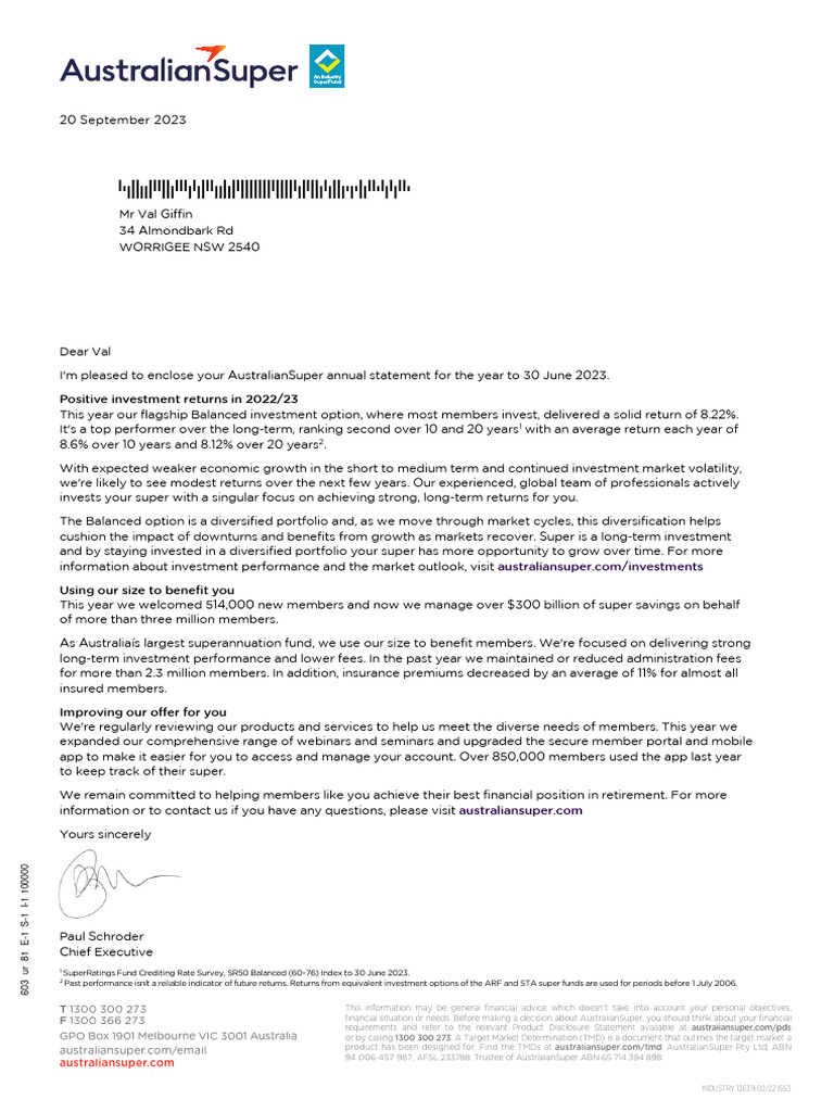AustralianSuper Annual Statement 2023 | PDF | Fee | Economies