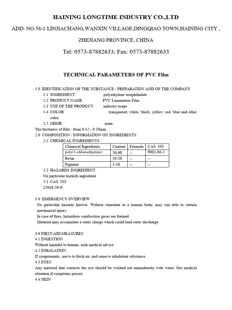 PVC Lamination Film Technical Parameters | PDF | Fires | Waste Management