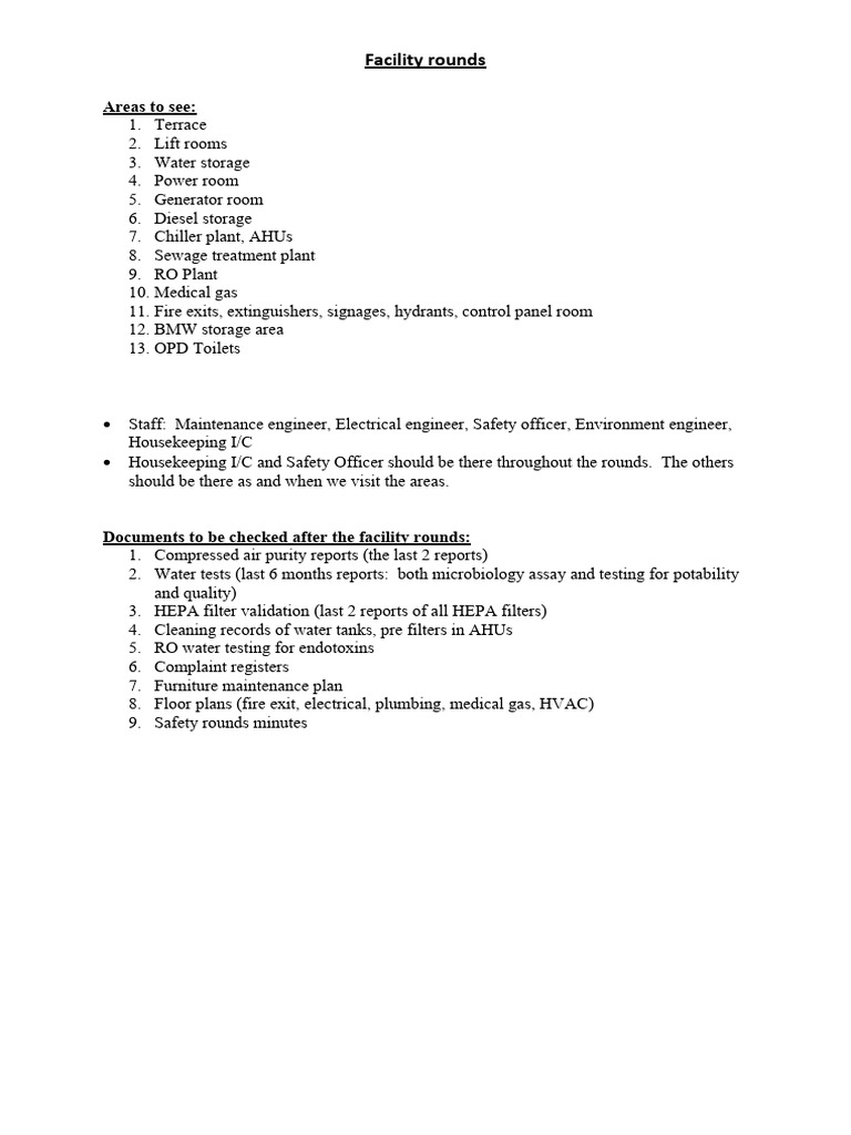 Facility Rounds Checklist and Team Roles | PDF | Home & Garden ...