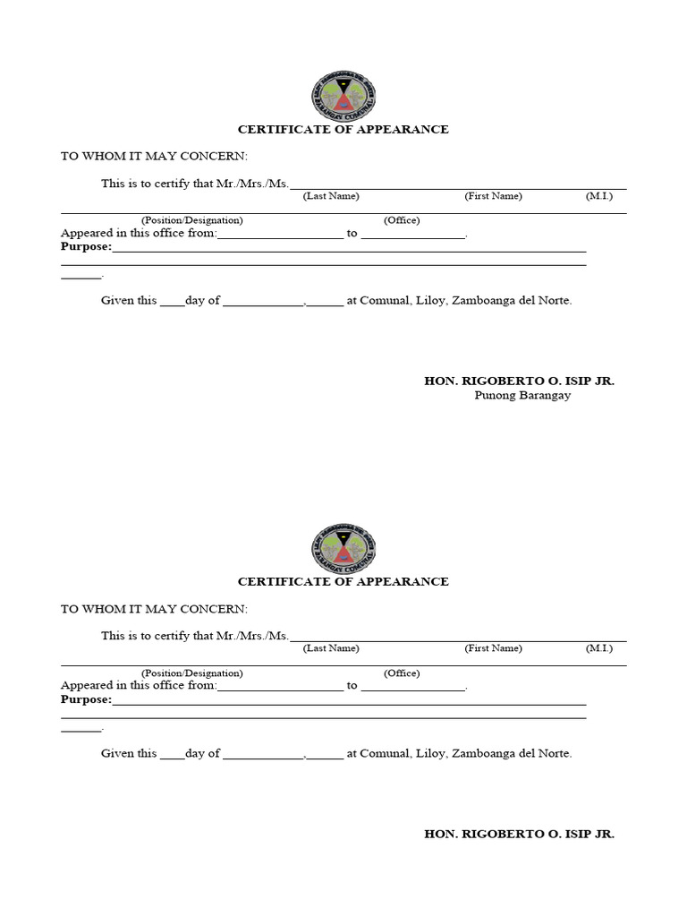 Certificate of Appearance Template | PDF