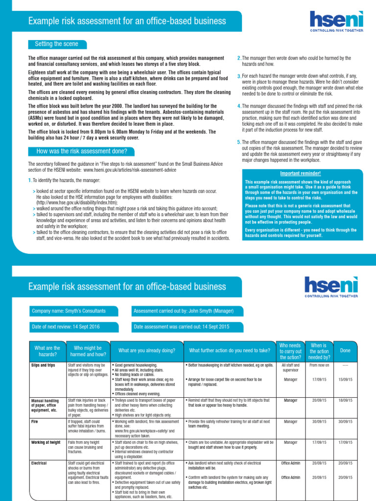 Example Risk Assessment For An Office Based Business 2016 | PDF | Risk ...
