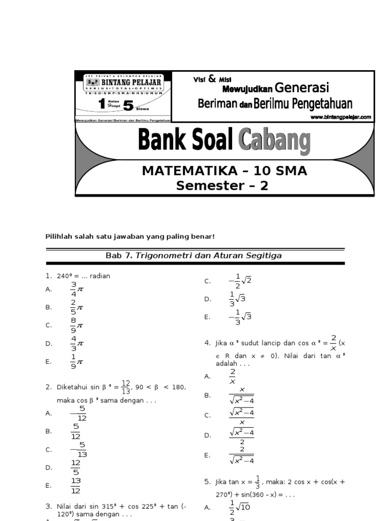 Bank Soal Cabang Matematika 10 Sma Bab 7 Tri Dan Aturan