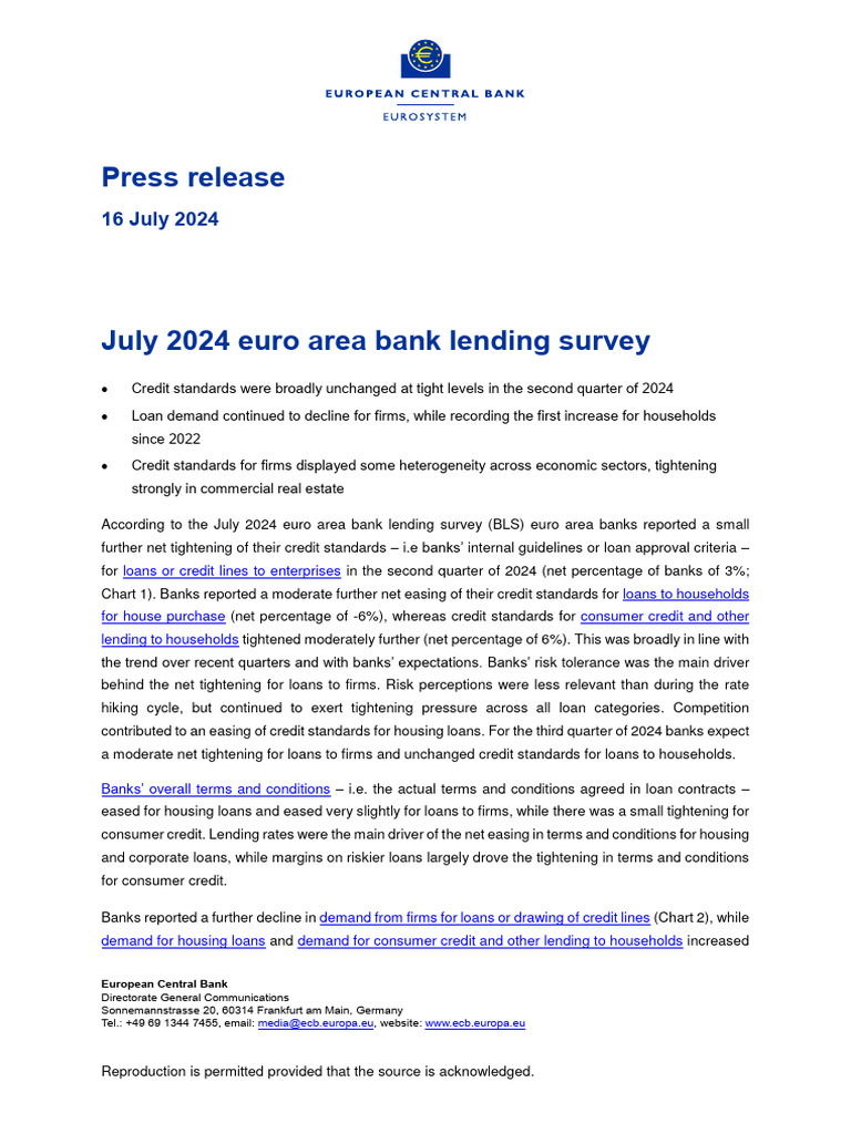 July 2024 Euro Area Bank Lending Survey | PDF | Banks | Loans