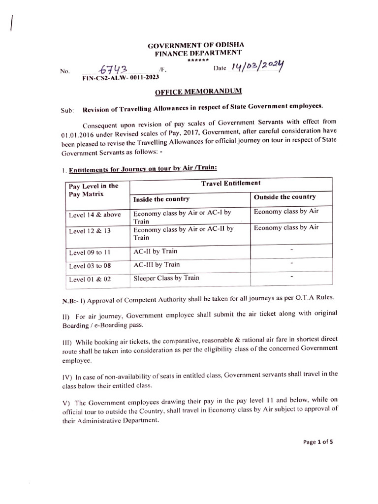 Odisha Revised Travelling Allowances 2024 | PDF | Transport