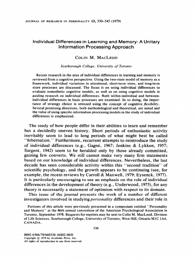 Individual Differences in Memory Processing | PDF | Memory | Attention