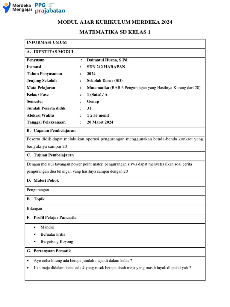 Modul Ajar Matematika Kelas 1 SD 2024 | PDF