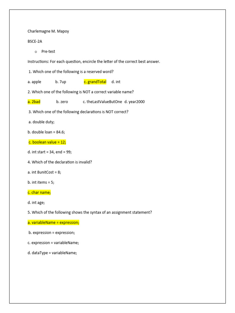 Programming Pre-Test: Variable Basics | PDF | Teaching Methods ...