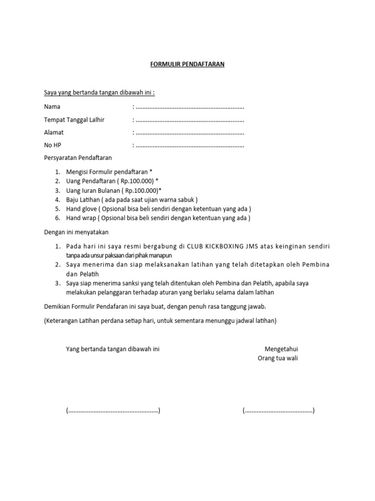 Formulir Pendaftaran Kick Boxing | PDF