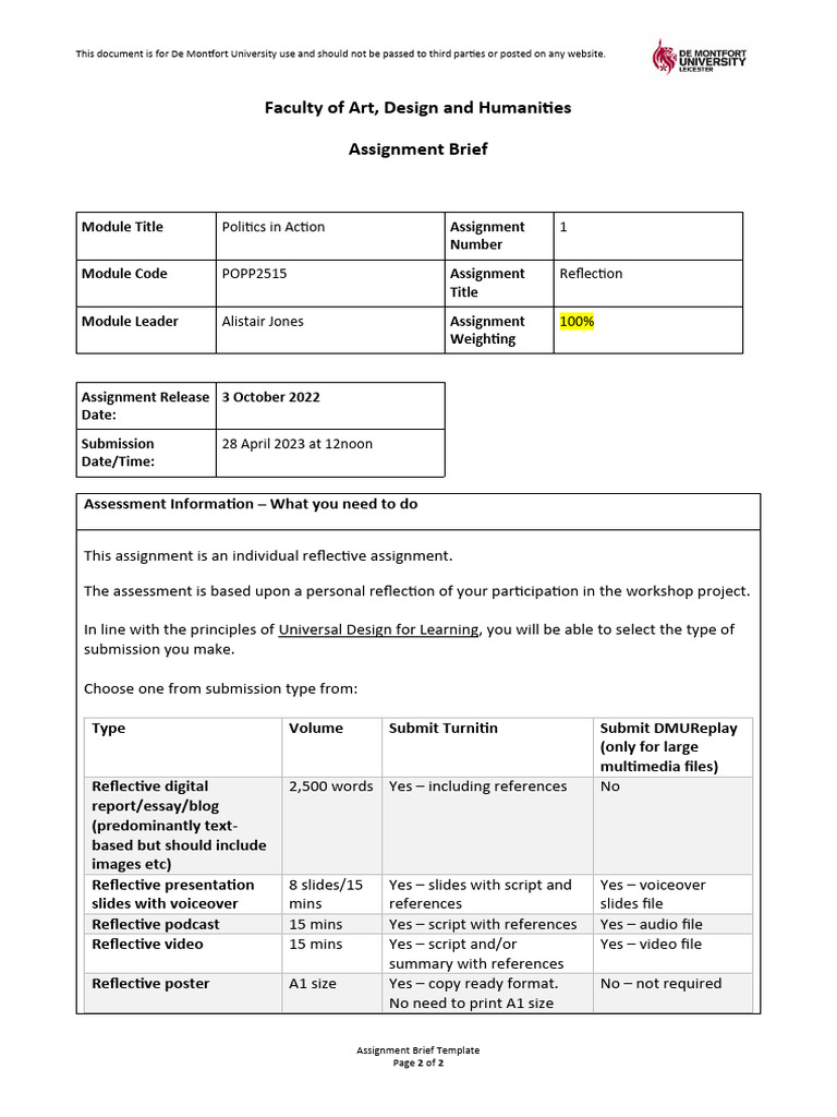 Reflective Assignment Brief: Politics in Action | PDF | Critical Thinking