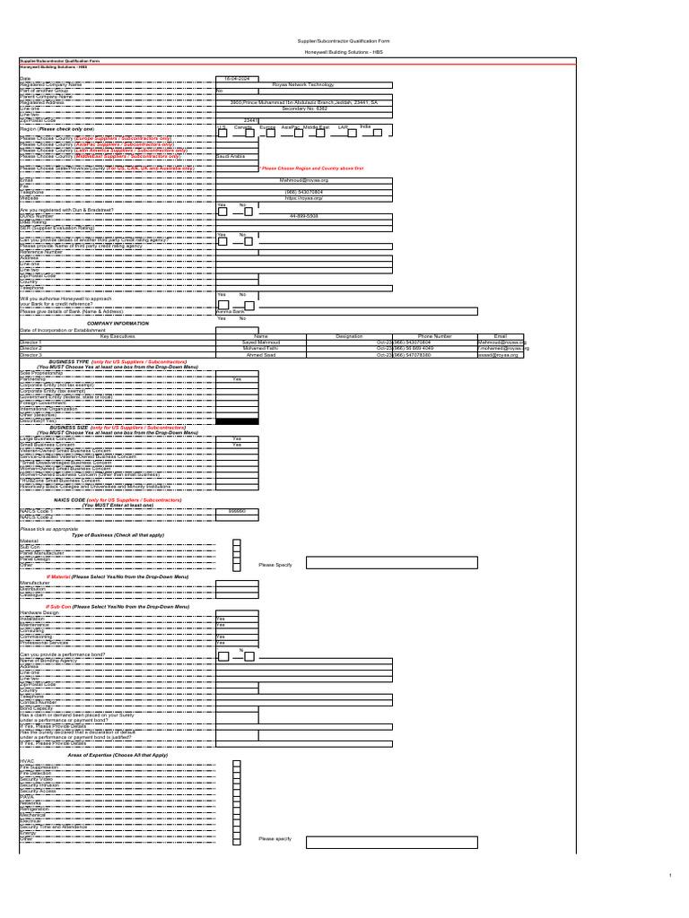 Supplier Qualification Form - Honeywell HBS | PDF | General Contractor
