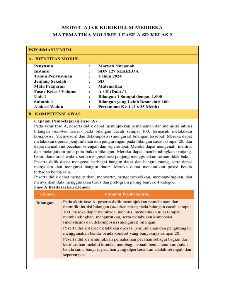Modul Ajar Matematika Kelas 2 SD | PDF | Kesehatan Holistik | Sains ...