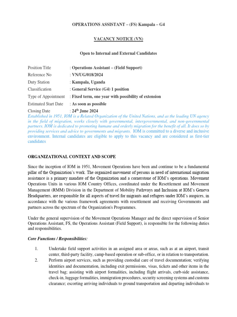 VN Ug 018 2024 Operations Assistant Fs Kampala Uganda g4 | PDF ...