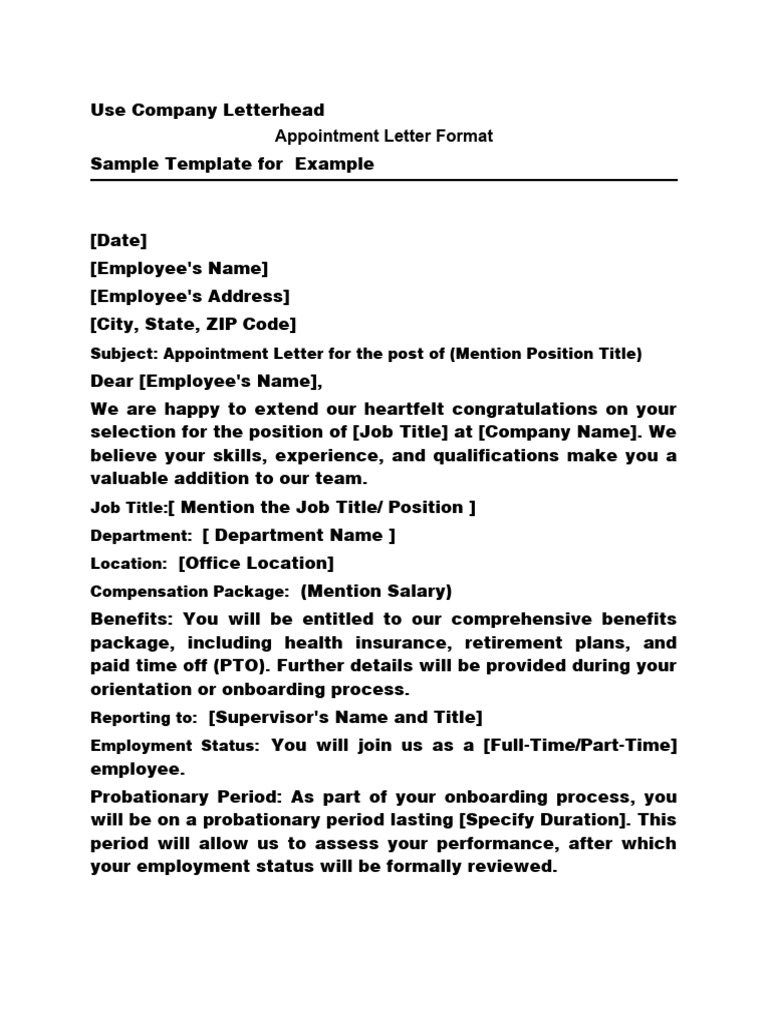 Employee Appointment Letter Template | PDF | Employment | At Will ...