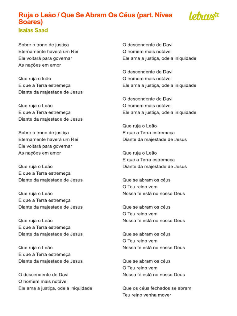Ruja o Leão - Que Se Abram Os Céus (Ao Vivo) | PDF