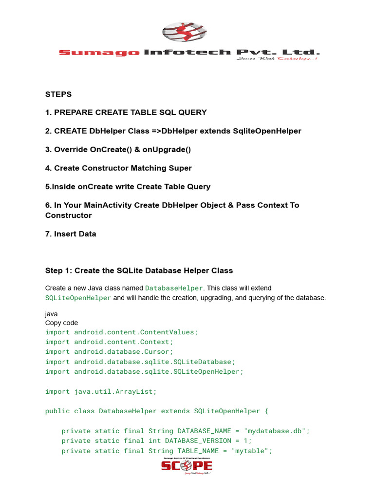 Step 1 create the sqlite database helper class pdf databases