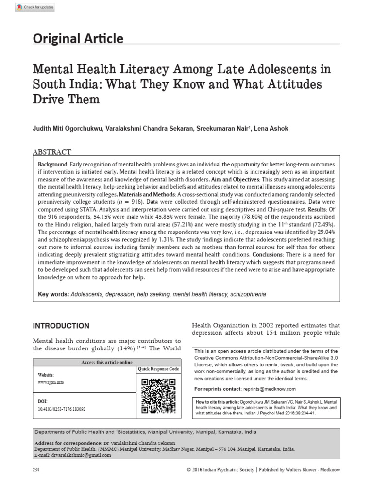 Mental Health Literacy in South India Adolescents | PDF | Mental ...