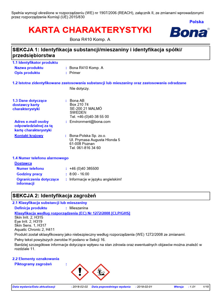 Karta Charakterystyki Bona r410 - Komponent A | PDF