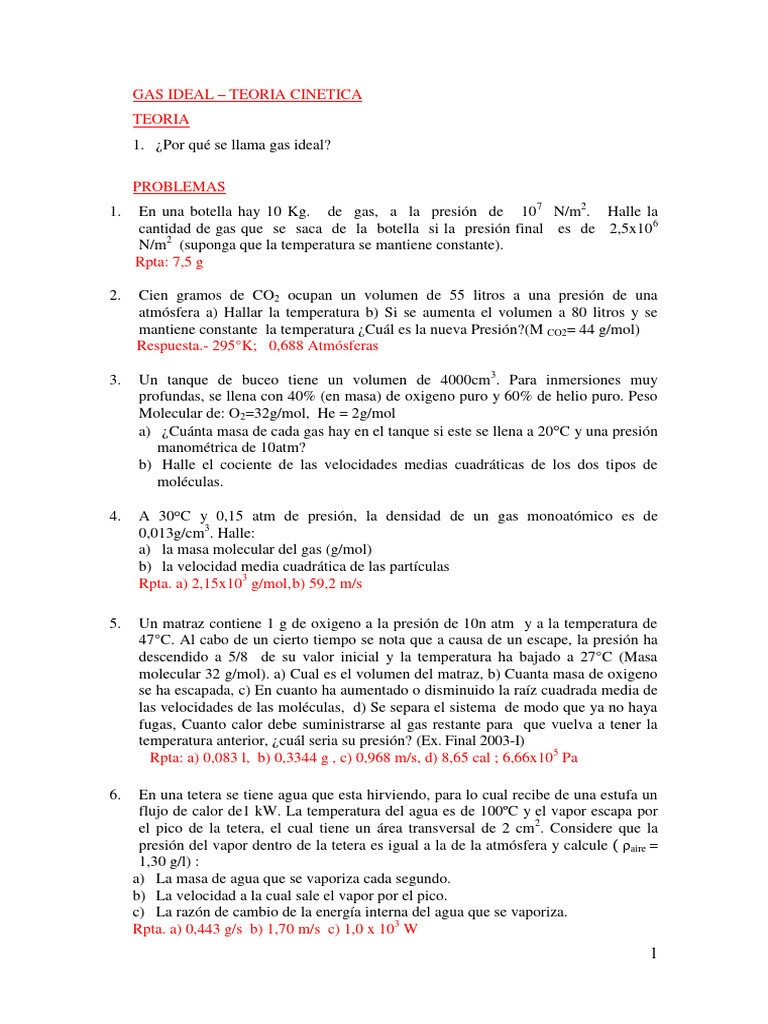PROBLEMAS DE GAS IDEAL | PDF | Gases | Mole (Unidad)