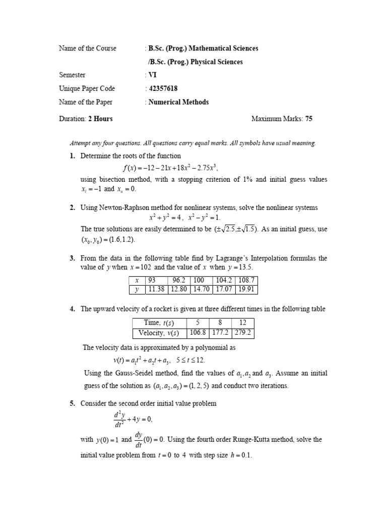 Numerical Methods Exam Paper VI | PDF | Numerical Analysis | Applied ...