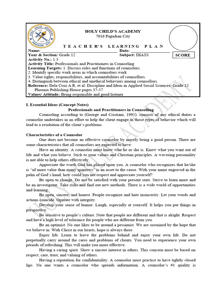 DIASS 1.3 (Professionals and Practitioners in Counseling) | PDF ...